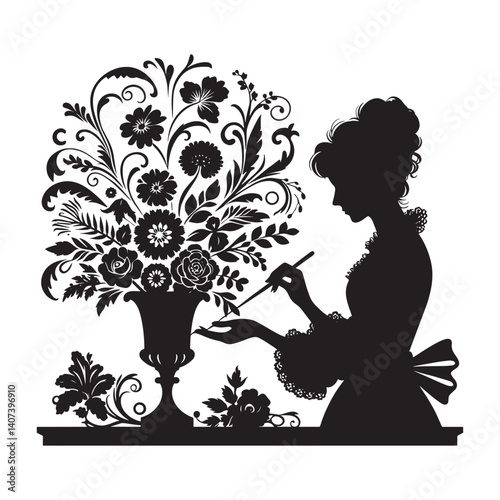 Elegant Silhouette of a Woman Arranging Floral Decoration in a Vase