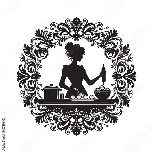 Elegant silhouette of a woman baking in a Victorian flourished kitchen