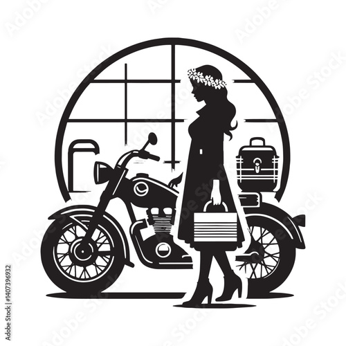 Elegant silhouette of a woman choosing a motorcycle showcasing a stylish preference