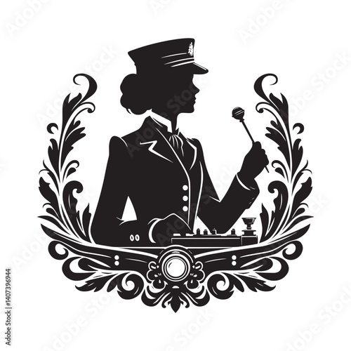 Elegant silhouette of a woman conductor within a Victorian flourish frame
