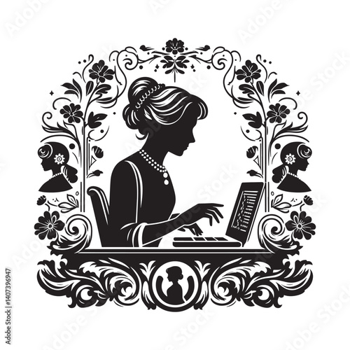 Elegant silhouette of a woman coding amidst floral ornamentation artwork