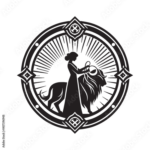 Elegant silhouette of a woman bonding with a wild lion, representing harmony