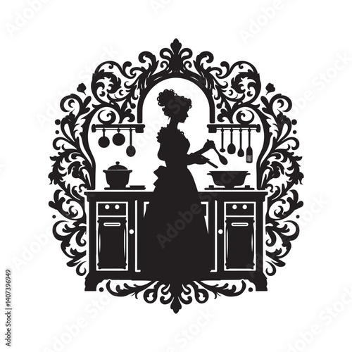 Elegant silhouette of a woman cooking in an ornately decorated kitchen