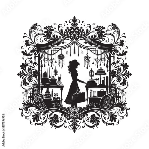Elegant Silhouette of a Woman Browsing Unique Items at an Artisan Fair