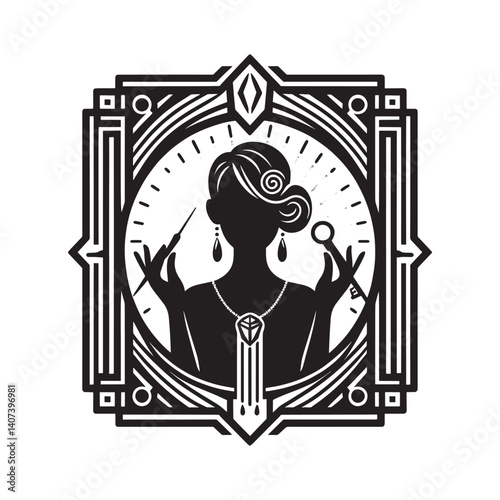 Elegant silhouette of a woman crafting exquisite jewelry in art deco style