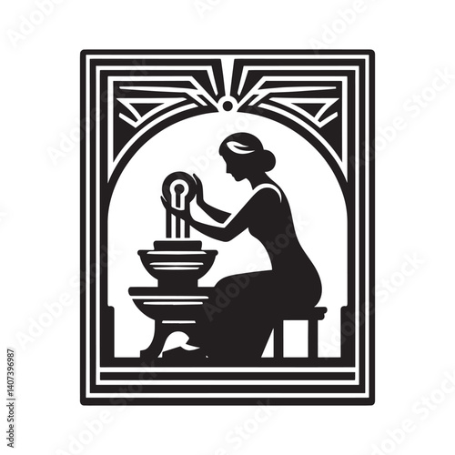 Elegant silhouette of a woman crafting clay on a pottery wheel in an art deco frame