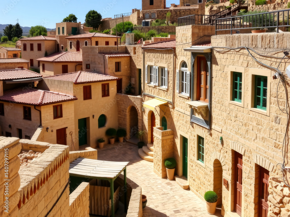 A row of houses with green shutters and a green awning. The houses are made of stone and have a rustic feel