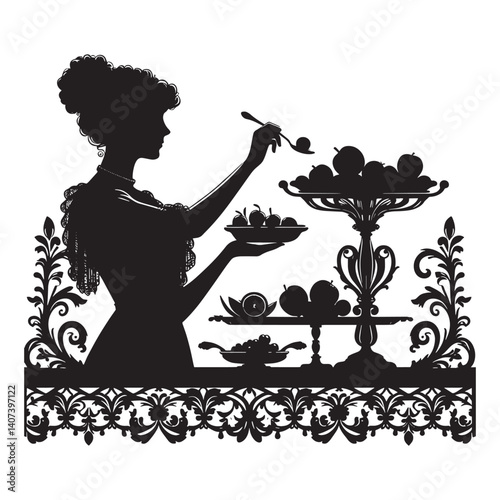 Elegant silhouette of a woman enjoying a fruit assortment in a refined setting
