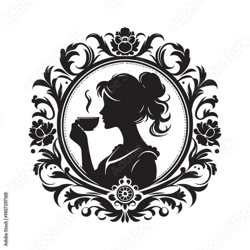 Elegant silhouette of a woman enjoying a cup of tea within floral frame