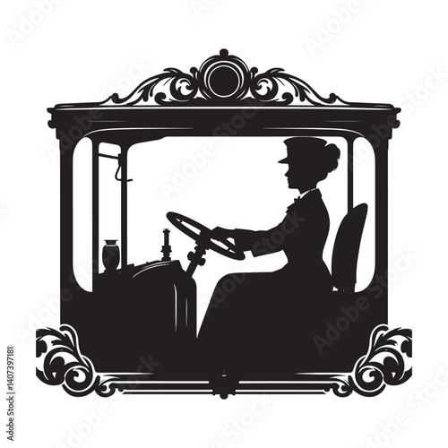 Elegant silhouette of a woman driving a vintage vehicle with flourish details