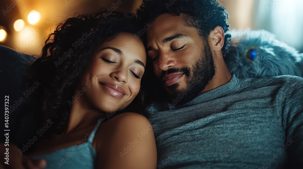 A tender moment captured between a couple as they embrace on a comfortable couch, exuding warmth, love, and intimacy in a serene indoor setting filled with warm light. A tender moment captured between a couple as they embrace on a comfortable couch, exuding warmth, love, and intimacy in a serene indoor setting filled with warm light.