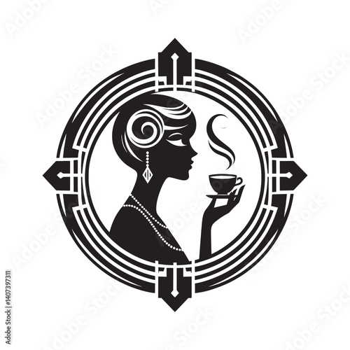 Elegant silhouette of a woman enjoying coffee in a stylized frame