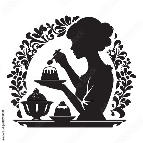 Elegant Silhouette of a Woman Enjoying Dessert with Victorian Flourishes