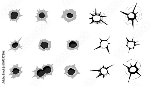 Bullet hole gun shot weapon mark silhouette, impact gun, bullet hole gunshot. Damage from shoot.