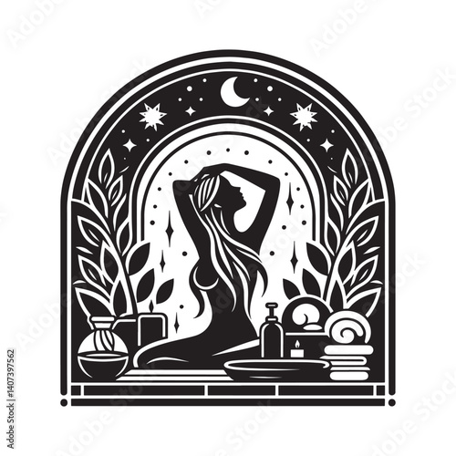 Elegant silhouette of a woman in a spa setting with cosmic design elements