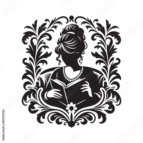Elegant silhouette of a woman immersed in a book, framed by ornamental design