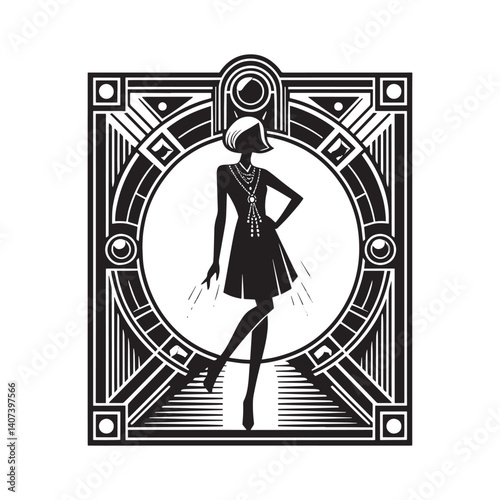 Elegant silhouette of a woman framed by geometric Art Deco ornamentation