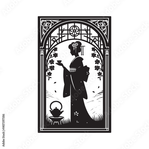 Elegant silhouette of a woman in kimono during a traditional tea ceremony