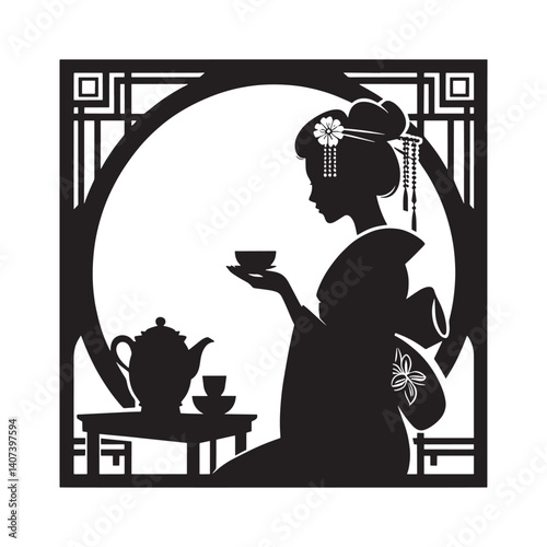 Elegant silhouette of a woman in kimono enjoying tea ceremony ritual