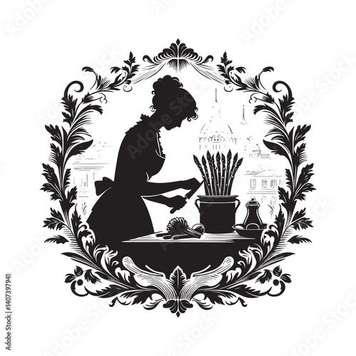 Elegant silhouette of a woman preparing asparagus in a Victorian flourish
