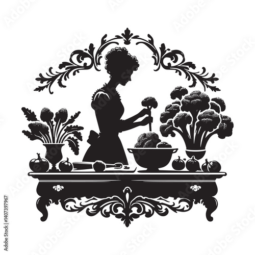 Elegant silhouette of a woman preparing fresh broccoli in an ornate kitchen