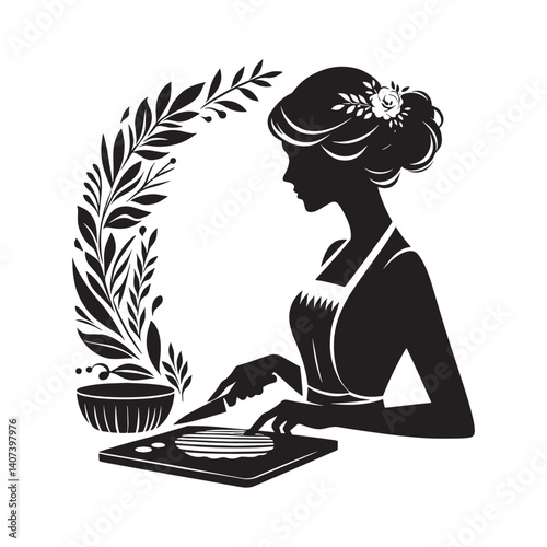 Elegant Silhouette of a Woman Preparing Food in the Kitchen Detailed Design