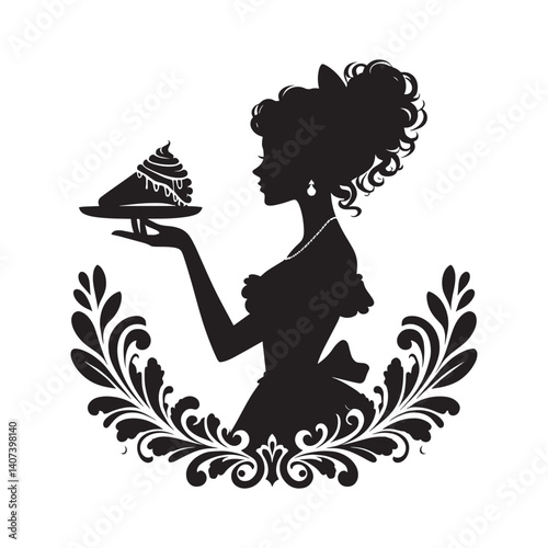 Elegant silhouette of a woman presenting dessert with ornate floral decoration