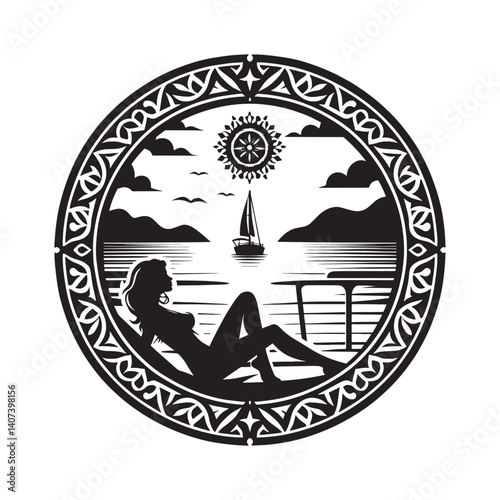 Elegant silhouette of a woman relaxing on a yacht within a decorative frame