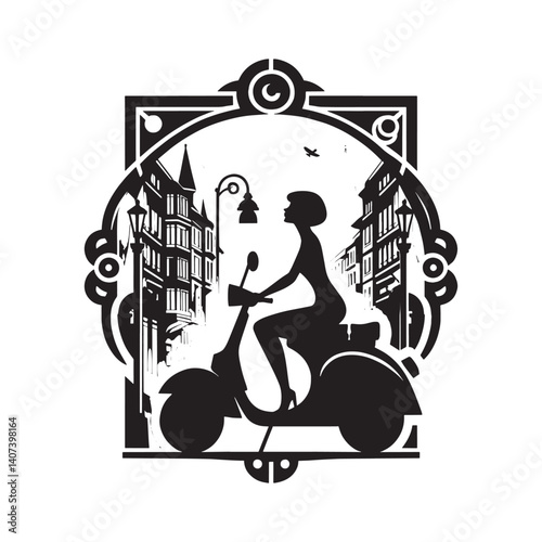 Elegant silhouette of a woman riding a Vespa through a European city