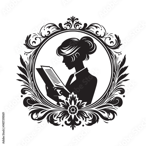 Elegant silhouette of a woman reviewing documents within an ornate frame