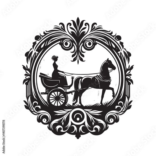 Elegant silhouette of a woman riding a horsedrawn carriage in ornamental frame