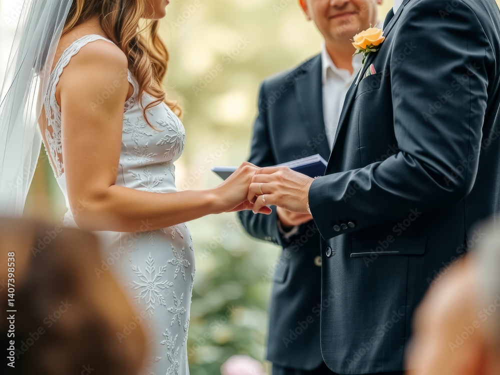 A bride and groom are getting married and the bride is wearing a white dress. The groom is wearing a suit and is holding a ring