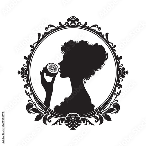 Elegant Silhouette of a Woman with Lemon in a Decorative Victorian Frame