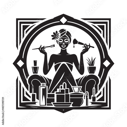 Elegant silhouette of a woman,s selfcare ritual with beauty products