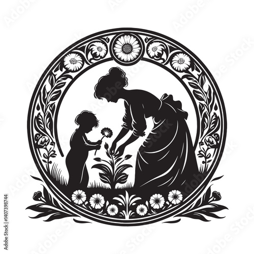 Elegant silhouette of mother and child tending garden within floral border