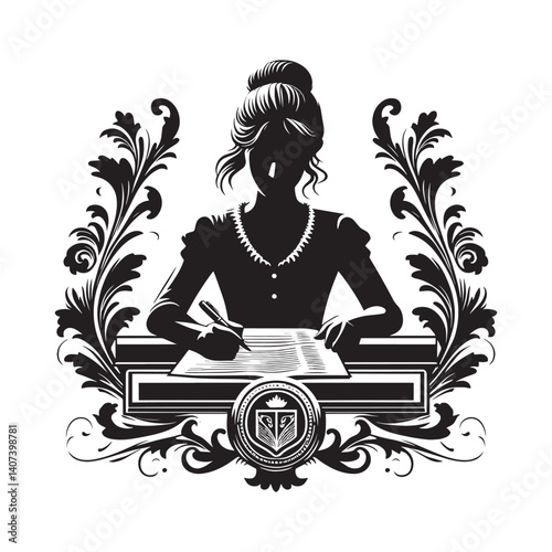 Elegant silhouette of woman engaged in research with stylized decoration