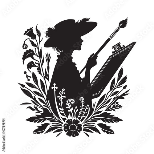 Elegant silhouette portrait of a woman artist with floral design elements
