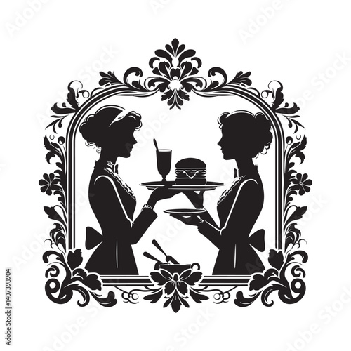 Elegant silhouette of women sharing food in a Victorian style frame