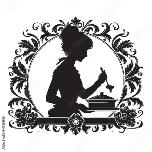 Elegant silhouette portrait of woman serving dish framed by Victorian flourish