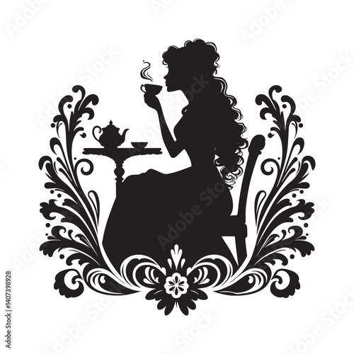 Elegant silhouette woman enjoying tea with victorian flourishes background