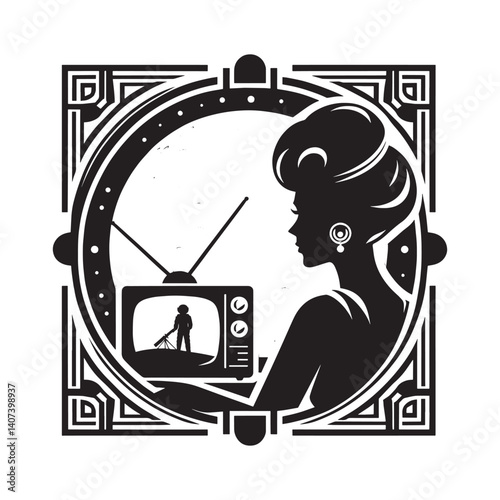 Elegant silhouette watching lunar landing on vintage television illustration