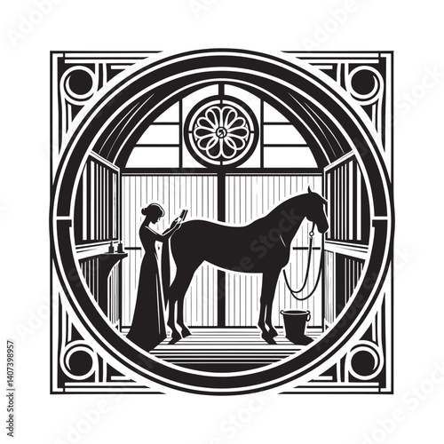 Elegant stable scene woman grooming a horse in ornate art deco style design
