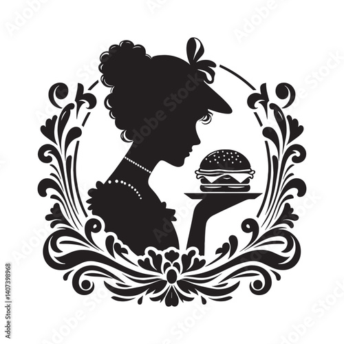Elegant silhouette woman serving cheeseburger in decorative vintage frame