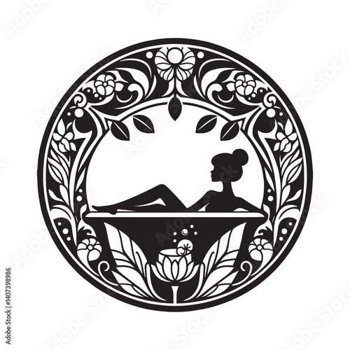 Elegant spa day silhouette in circular floral frame, wellness concept