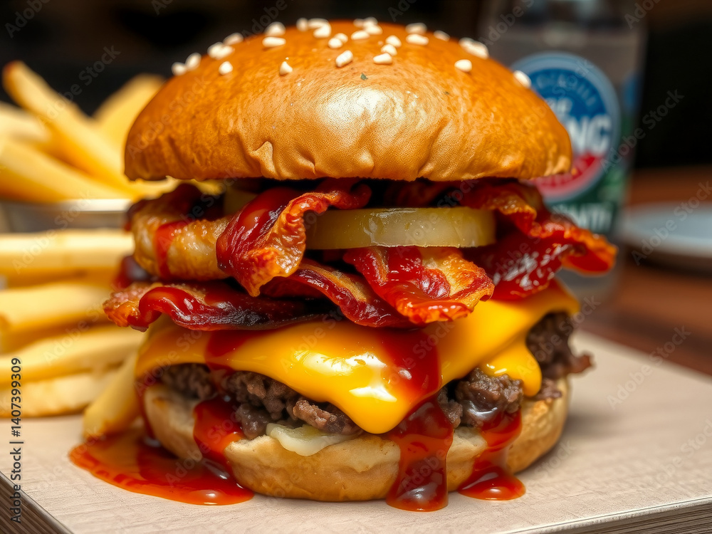 A burger with bacon, onions, and cheese is topped with ketchup and mustard. A bottle of Mountain Dew is on the table next to the burger