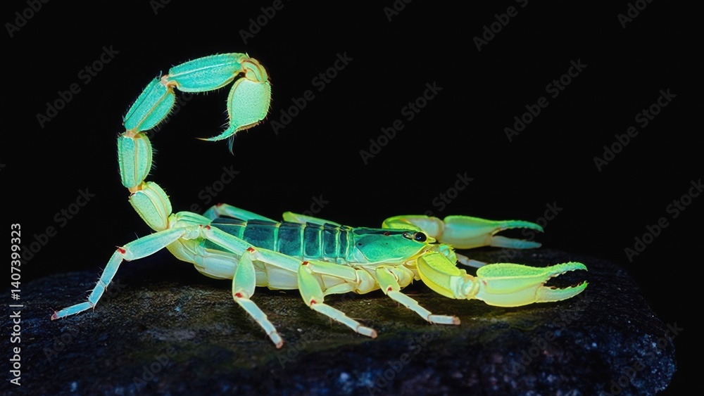 Close-up image of a scorpion with vibrant green stomach. High contrast emphasizes the striking colors. Close-up image of a scorpion with vibrant green stomach. High contrast emphasizes the striking colors.