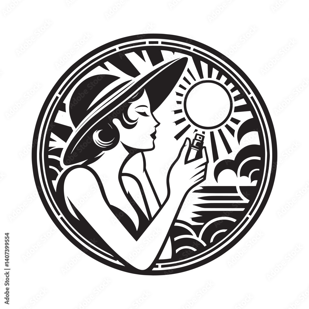 Obraz premium Elegant woman applying sunscreen under a bright sun art deco illustration