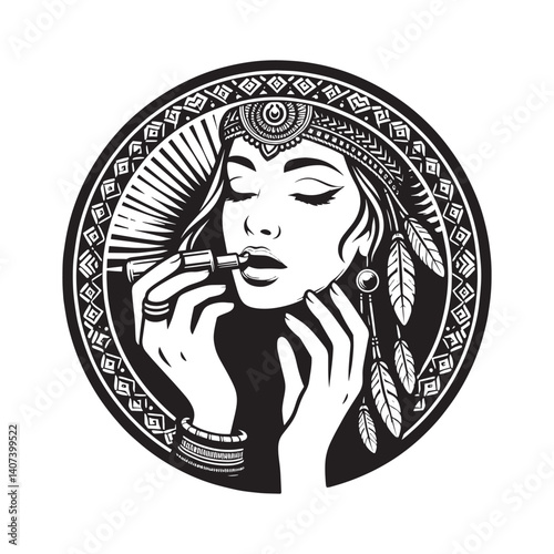 Elegant woman applying lipstick with ornamental frame in monochrome tones