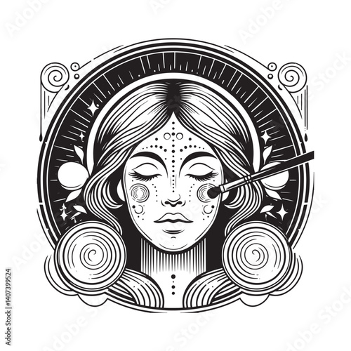 Elegant woman applying makeup in a stylized decorative black and white artwork