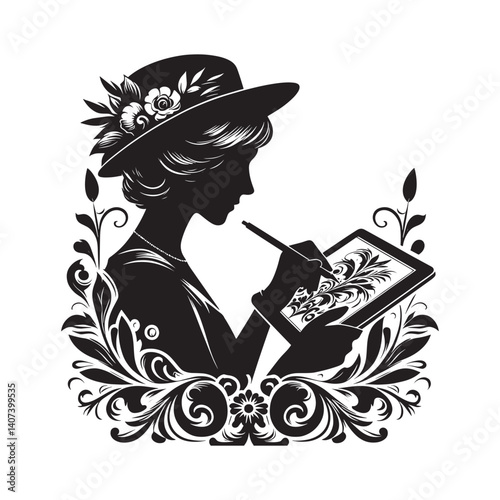 Elegant Woman Creating Digital Art on Tablet Device with Floral Accents